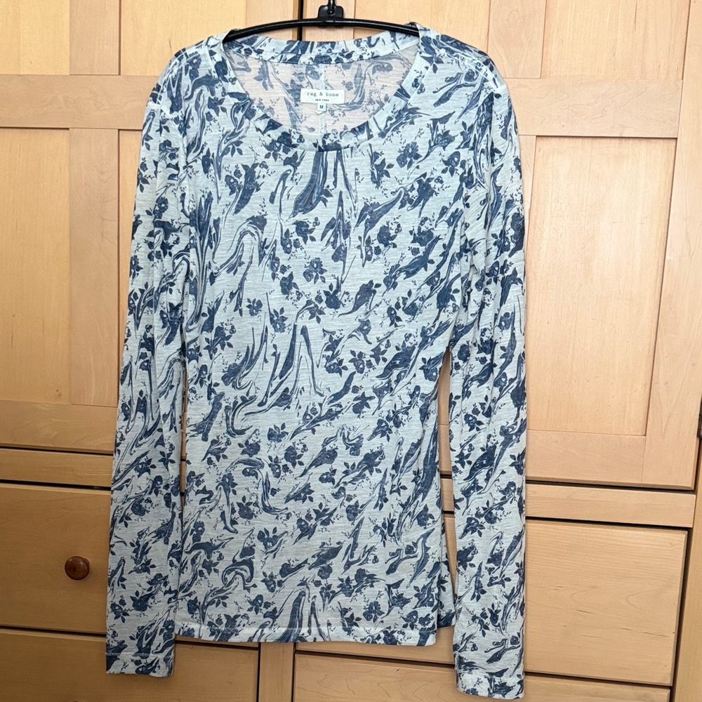 RAG & BONE Floral Long Sleeve Top - Light Blue and Navy in EUC